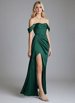 Azazie Amyra Bridesmaid Dresses Emerald Mermaid Off the Shoulder Stretch Satin Convertible Dress image5
