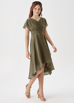 Azazie Graciela Junior Robe Trapèze en Mousseline de soie Plissée Vert Saule image4