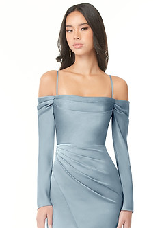 Azazie Hallie Bridesmaid Dresses Dusty Blue Sheath Off-The-Shoulder Long Sleeve Stretch Satin Convertible Dress image2