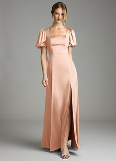 Azazie Fyona Bridesmaid Dresses Rose Gold A-Line Pleated Stretch Satin Dress image1
