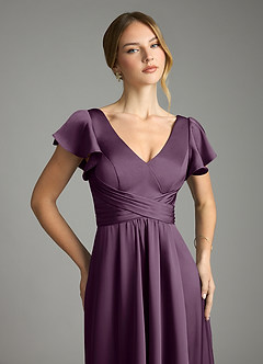 Azazie Omari Bridesmaid Dresses Plum A-Line Stretch Satin Dress image6