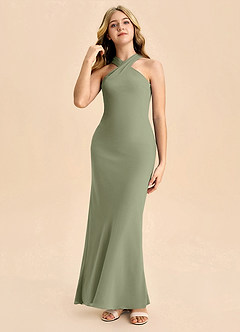 Azazie Doretta Junior Dusty Sage Sheath Pleated Chiffon Dress image3