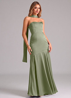 Azazie Shiloh At-home Try On Dresses Dusty Sage Mermaid Strapless Stretch Satin Convertible Dress image3