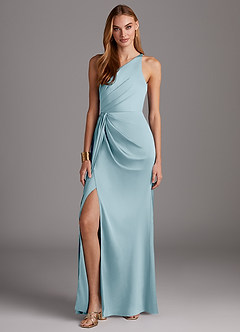 Azazie Mika Vestidos de damas de honor Vestido de Azul Cielo de Satén Elástico de Corte Recto con Hombro unilateral image3