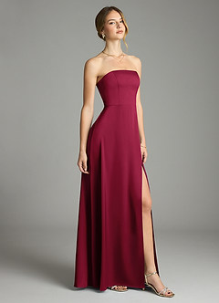 Azazie Wren Vestidos de damas de honor Vestido de Borgoña de Satén Elástico de Corte en A Convertible con Sin tirantes image1