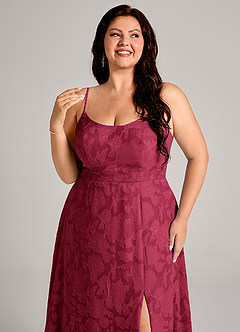 Azazie Moira Bridesmaid Dresses Burgundy A-Line Side Slit Floral Burnout Dress image6