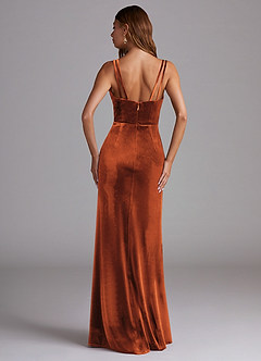 Azazie Leo Vestidos de damas de honor Vestido de Naranja Quemada de terciopelo de Corte Recto con Plisado image2