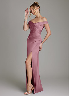 Azazie Teyana Bridesmaid Dresses Vintage Mauve Sheath Off the Shoulder Stretch Satin Dress image5