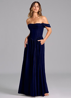 Azazie Hattie Bridesmaid Dresses Dark Navy A-Line Ruched Velvet Dress image4