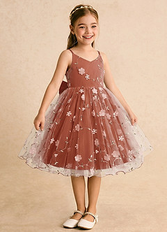 Azazie Junebug Blumenmädchenkleider Ballkleid Spaghetti Riemen Tüll Kleid Rotbraun image5
