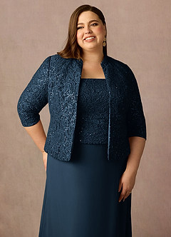 Azazie Cornelia Mother of the Bride Dresses Dark Navy Sheath Square Neckline Sequins Chiffon Dress image19
