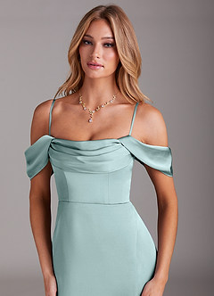 Azazie Saige Bridesmaid Dresses Sea Glass Sheath Off the Shoulder Stretch Satin Dress image2