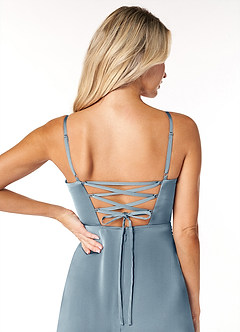 Azazie Marchella Bridesmaid Dresses Dusty Blue A-Line Corset Stretch Satin Dress image3