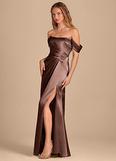 Azazie Shea Bridesmaid Dresses Espresso Mermaid Off the Shoulder Metallic Satin Convertible Dress image3