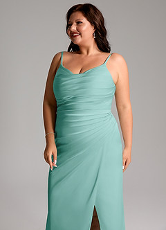 Azazie Deandra Bridesmaid Dresses Aqua Mermaid Pleated Stretch Satin Dress image12