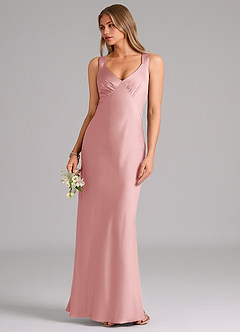 Azazie Kamila Bridesmaid Dresses Powder Pink A-Line Pleated Stretch Satin Dress image5