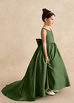 Azazie Mimia Flower Girl Dresses Olive A-Line Bow Matte Satin Dress image1