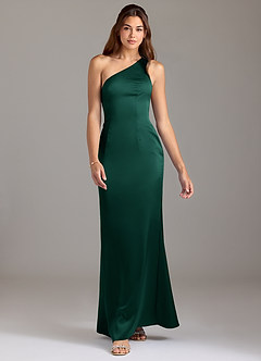 Azazie Arleth Bridesmaid Dresses Emerald A-Line One Shoulder Stretch Satin Dress image3