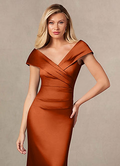Azazie Ludlow Vestidos para mãe da noiva Vestido Laranja Queimada de Cetim elástico de sereia com Plissado image6