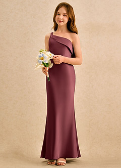 Azazie Almond Girls Formal Robe Demoiselle D'honneur Fillette Robe Fourreau en Satin extensible Une épaule Merlot image3