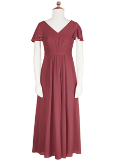 Azazie Peony Junior Merlot A-Line Pleated Chiffon Dress image6