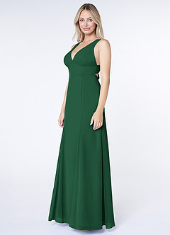 Azazie Christiana Final Sale Dark Green A-Line V-Neck Pleated Chiffon Dress image4