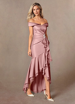Azazie Billings Moeder van de bruid jurken Zeemeermin Jurk van Stretch Satijn Off the Shoulder Stoffige Roos image6