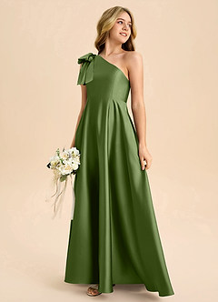 Azazie Penguin Junior Vestido de Enebro de Satén Elástico de Corte en A con Lazo image6