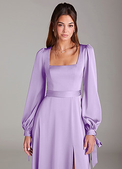 Azazie Leonia Bridesmaid Dresses Lilac A-Line Long Sleeve Stretch Satin Dress image6