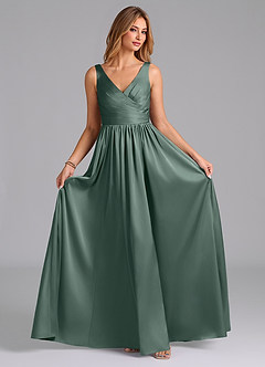 Azazie Keyla 신부 들러리 드레스 A라인 주름진 스트레치 새틴 바닥 길이 드레스 image4