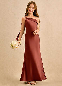 Azazie Almond Girls Formal Sukienki dla dziewczynek sypiących kwiaty Osłona Jedno ramię Satyna elastyczna Długość podłogi Sukienka image2