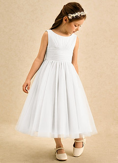 Azazie Macaron Robe Demoiselle D'honneur Fillette Robe Trapèze en Tulle Plissée Ivoire image1