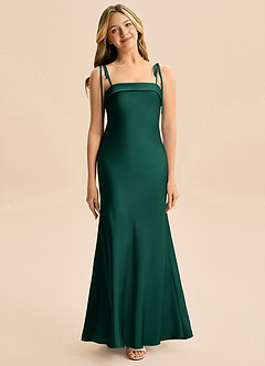 Azazie Willa Junior Emerald A-Line Bow Stretch Satin Dress image1