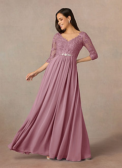 Azazie Hayek Mother of the Bride Dresses Vintage Mauve A-Line V-Neck Lace Chiffon Dress image1
