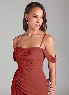 Azazie Amyra Bridesmaid Dresses Terracotta Sheath Off the Shoulder Chiffon Convertible Dress image7