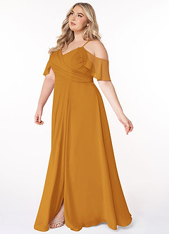 Azazie Dakota Bridesmaid Dresses Butterscotch A-Line V-Neck Pleated Chiffon Dress image15