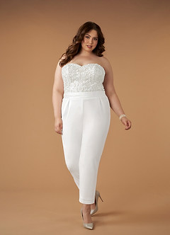 Azazie Tiffany At-home Try On Dresses Diamond White Pant Styles Lace Stretch Crepe Dress image10