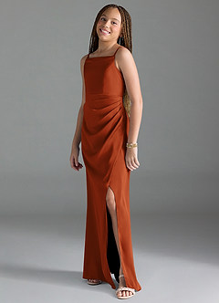 Azazie Leonis Junior A-Linie Plissee Stretch-Satin Kleid Gebranntes Orange image4