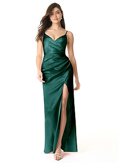 Azazie Sukia Robes de demoiselle d'honneur Robe Sirène en Satiné métallisé Plissée Vert Pin image1