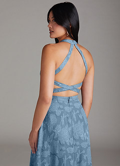 Azazie Clarice Abiti da Damigella Abito A-Line in Burnout Floreale Spacco Laterale Blu Acciaio image6
