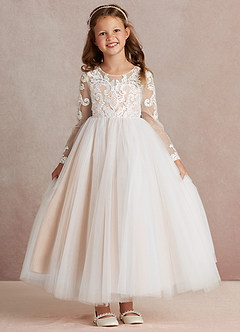 Azazie Elodie Robe Demoiselle D'honneur Fillette Robe Princesse en Dentelle Ivoire Rose Anglais image3