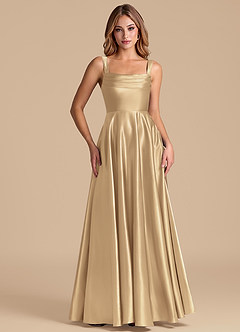 Azazie Shaude 신부 들러리 드레스 A라인 주름진 메탈릭 새틴 바닥 길이 드레스 image5