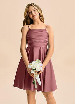 Azazie Miko Junior Vestido de Amatista de Satén Elástico de Corte en A con Plisado image6