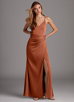 Azazie Shania Bridesmaid Dresses Cedar Rose Sheath V-Neck Pleated Stretch Satin Dress image3
