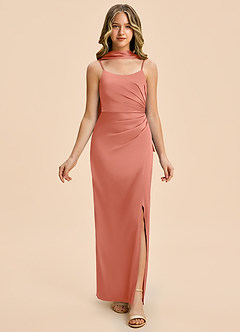Azazie Calandra Junior Salmon Pink Sheath Pleated Stretch Satin Dress image5