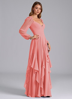 Azazie Karan Bridesmaid Dresses Coral A-Line Long Sleeve Chiffon Dress image5