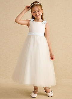 Azazie Lilli 플라워 걸 드레스 A라인 절하다 얇실버 명주 그물 발목 길이 드레스 image5