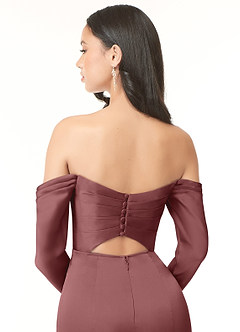 Azazie Hallie Vestidos de damas de honor Vestido de Acai de Satén Elástico de Recto Convertible con Manga larga con hombros descubiertos image7