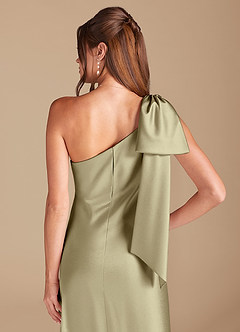 Azazie Capri Bridesmaid Dresses Moss Green Sheath One Shoulder Metallic Satin Dress image2