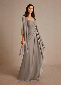 Azazie Clinton Mother of the Bride Dresses Taupe A-Line Pleated Mesh Dress image2